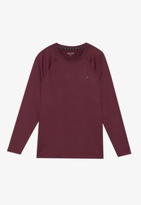 Long-sleeve crew neck shirt in solid dark burgundy with a small logo on the left chest and visible neck tag inside collar.