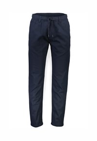 Pantaloni in misto cotone blu navy con vita regolabile a cordoncino, design a gamba affusolata e texture minimale. Nessuna tasca visibile o ulteriori dettagli.