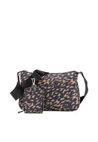 Ampia borsa a spalla decorata con una stampa animale marrone e nera, dotata di una pochette con cerniera removibile e di una tracolla regolabile con marchio.