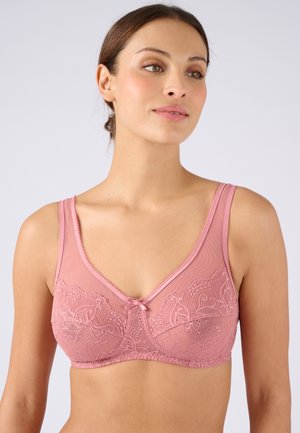 Roze kanten beha van een zachte textuur, met een V-halslijn, decoratieve kantafwerking en een klein strikje in het midden.