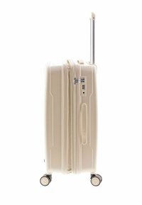 Valigia rigida di un colore beige chiaro. Presenta un manico telecopico, una serratura combinata e quattro ruote nere per una facile mobilità.