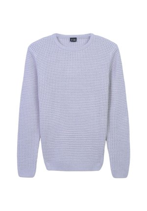Maglione lavorato a maglia di un leggero colore lavanda con un motivo testurizzato, scollo rotondo e maniche lunghe. Presenta polsini e orlo a coste.