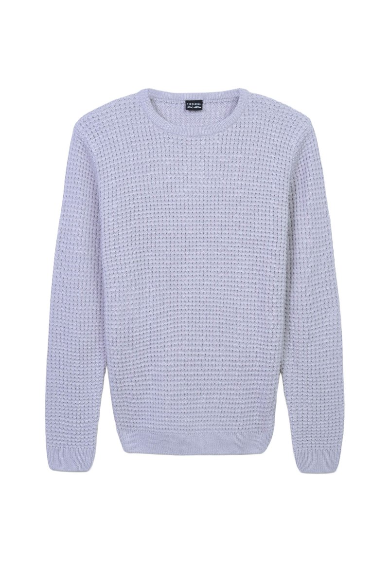 Jasnolawendowy sweter z dzianiny o fakturowym wzorze, okrągłym dekolcie i długich rękawach. Posiada prążkowane mankiety i dół.