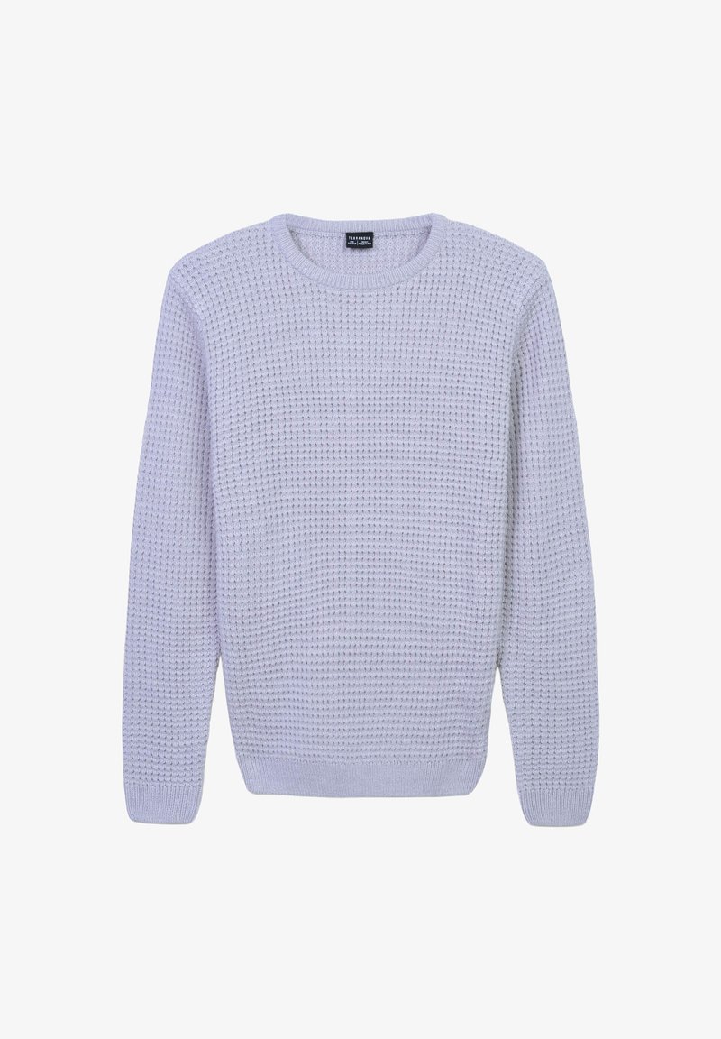 Jasnolawendowy sweter z dzianiny o fakturowym wzorze, okrągłym dekolcie i długich rękawach. Posiada prążkowane mankiety i dół.