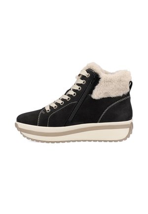 Black ankle boots featuring a soft fur collar, leather-textured upper, light-colored rubber sole, and side zipper closure.