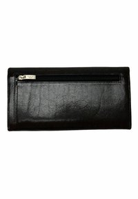 Cartera larga de cuero negro con una superficie texturizada, que cuenta con un bolsillo superior con cierre y un acento de hardware plateado. Diseño simple y rectangular.