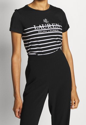 Czarna bawełniana koszulka z białymi poziomymi paskami, z logo "LAUREN RALPH LAUREN". Krótkie rękawy z podwiniętymi mankietami.