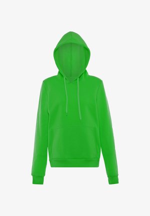Jasnozielona bluza z kapturem z przednią kieszenią i troczkami, długie rękawy oraz ściągacze na mankietach i dole.