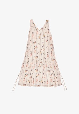 Ärmelloses Kleid mit Blumenmuster und V-Ausschnitt, aus leichtem Stoff gefertigt. Es hat vertikale Streifen und einen Rüschensaum, mit verstellbaren Bindebändern.
