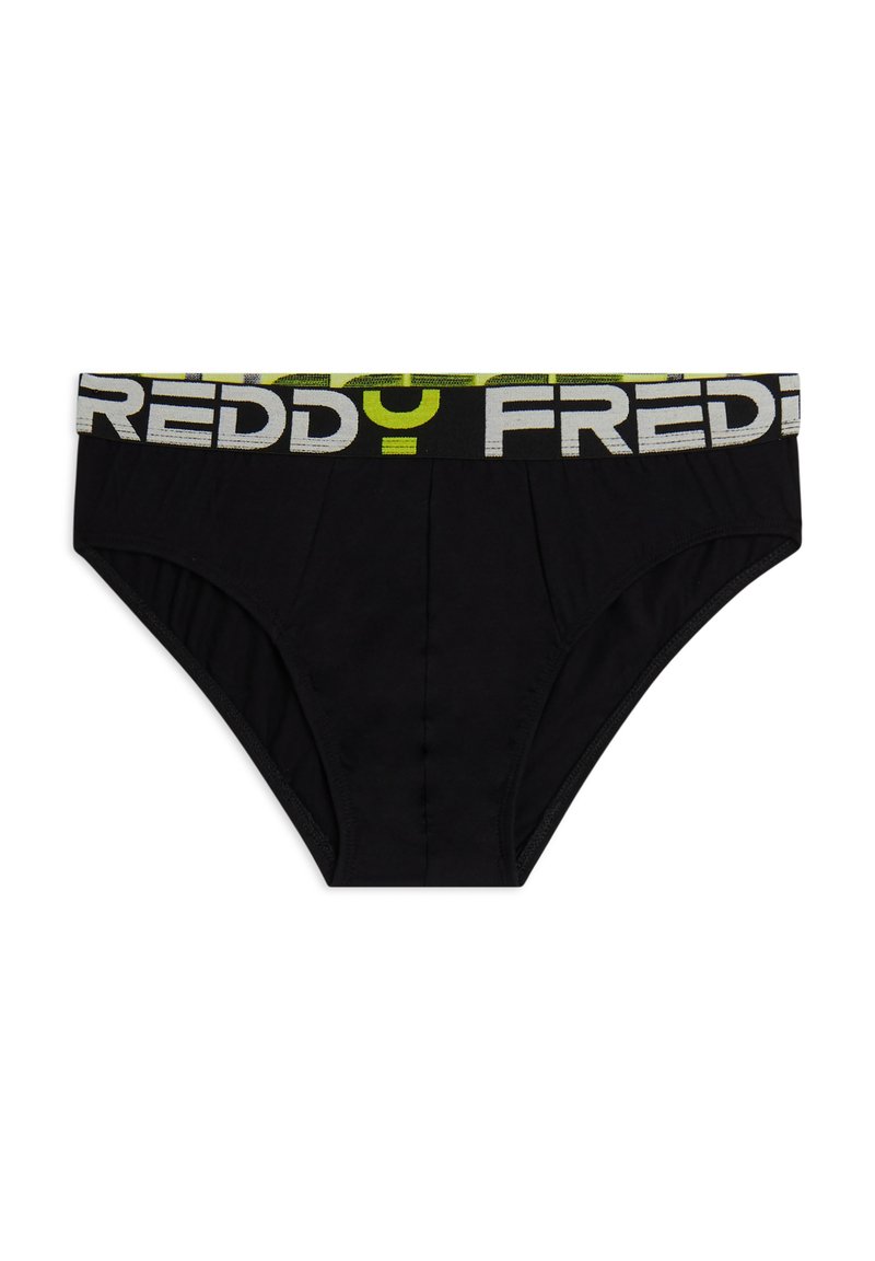 Slip de algodón negro con una cintura elástica con el logo "FREDDY" en blanco y verde neón. Presenta una textura suave y un diseño clásico de slip.