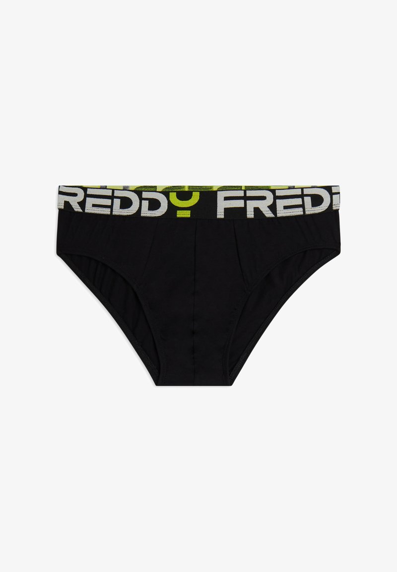 Slip de algodón negro con una cintura elástica con el logo "FREDDY" en blanco y verde neón. Presenta una textura suave y un diseño clásico de slip.