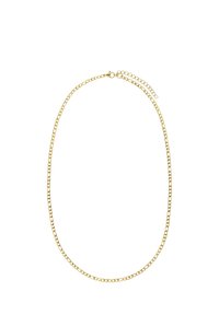 Goudkleurige metalen ketting met uniforme, ronde schakels, voorzien van een eenvoudige sluiting en een verstelbare verlengketting voor lengtes variatie.