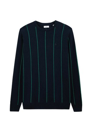 Pull en marine avec des rayures verticales vertes, col rond et poignets et ourlet côtelés. Texture douce avec un petit logo minimaliste sur la poitrine.