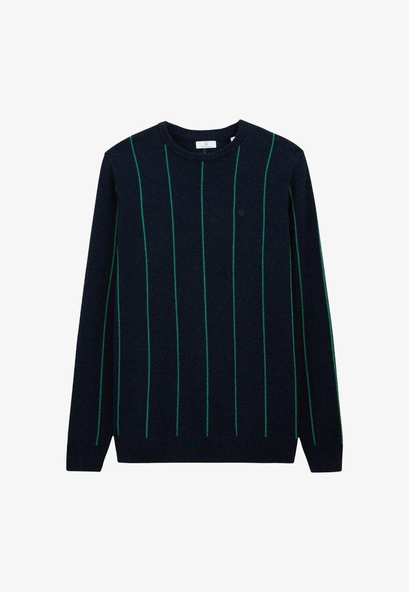 Pull en marine avec des rayures verticales vertes, col rond et poignets et ourlet côtelés. Texture douce avec un petit logo minimaliste sur la poitrine.