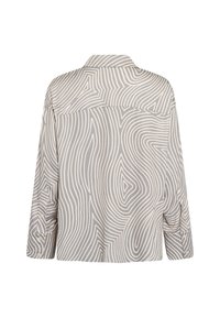 Button-up shirt in light grey with white wavy patterns. Features a relaxed fit, notched collar, and three-quarter sleeves with buttoned cuffs.