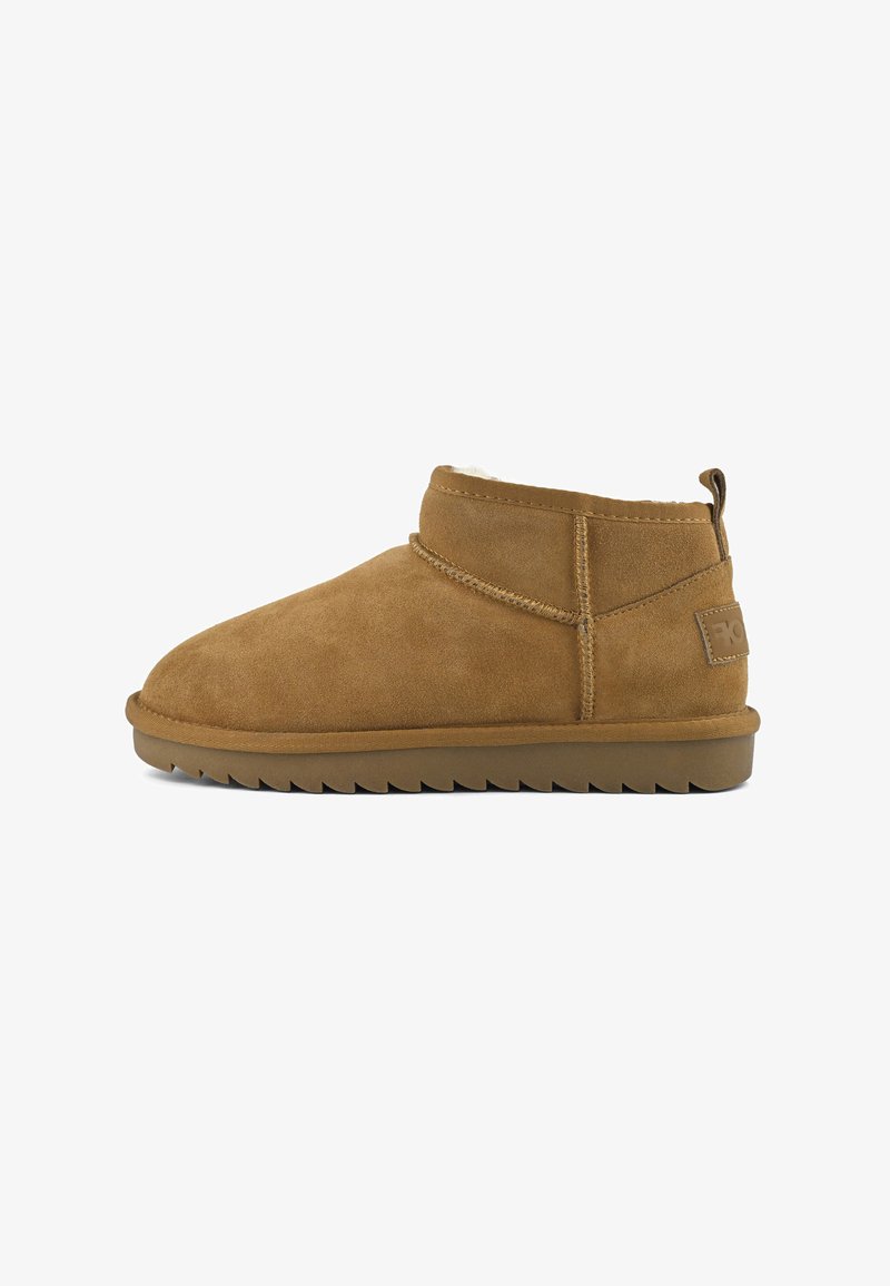 Brown suede ankle boot with fleece lining, flat sole with tread, and pull tab on back, viewed from the right side on white background.