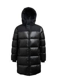 Cappotto impermeabile nero con cappuccio, design trapuntato, finitura lucida, zip frontale completa e dettaglio del logo sul colletto. Maniche lunghe e lunghezza al ginocchio.
