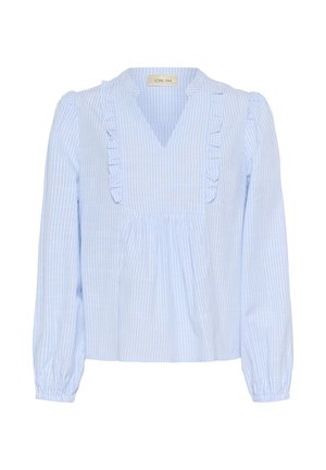 Svijetloplava prugasta bluzica s V-izrezom i naboranim rubom. Ima duge rukave i nabrani detalj na rubu. Izrađena je od mekog materijala.