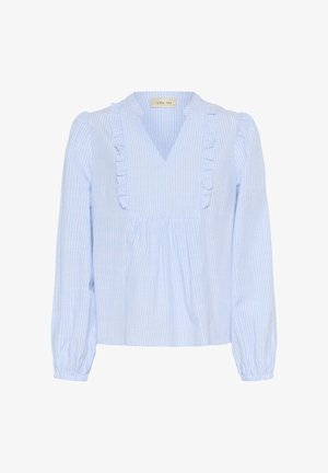 Blusa a righe blu chiaro con scollo a V e bordo arricciato. Presenta maniche lunghe e dettagli arricciati all'orlo. Realizzata in un tessuto morbido.