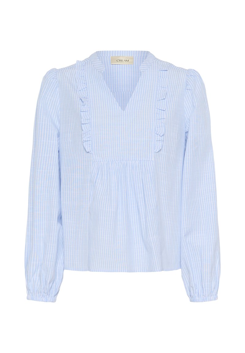 Blouse rayée bleu clair avec un col en V et des volants. Dotée de manches longues et de détails froncés à l'ourlet. Fabriquée à partir d'un tissu doux.