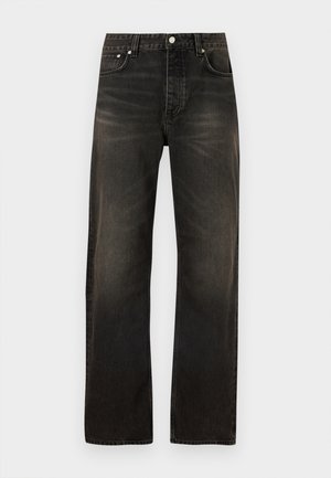 Black straight-leg denim jeans with a faded wash, front button and zipper closure, and five-pocket design.