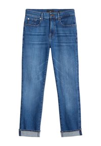 Jean en denim bleu à coupe droite, avec un design classique à cinq poches et des ourlets retroussés. Un léger délavage et des détails cousus sont visibles.