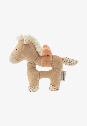 Beige plush horse toy with a textured saddle, floral patterned accents on the hooves, and a soft mane. Measures approximately 10 inches.