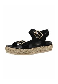 Sandali neri in suede con due larghe fascette, fibbie in metallo dorato e una suola in juta intrecciata. Tessuto testurizzato e finitura liscia.