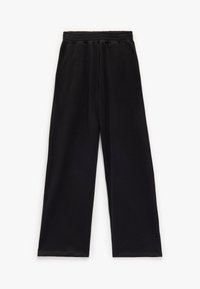 Zwarte wijde broek van zacht stof, met een elastische tailleband voor comfort en een gladde textuur zonder zichtbare patronen.