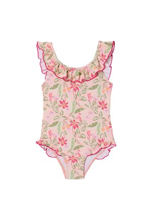 Girls' one-piece swimsuit with pink floral and green leaf print, featuring ruffled trim on shoulders and leg openings.