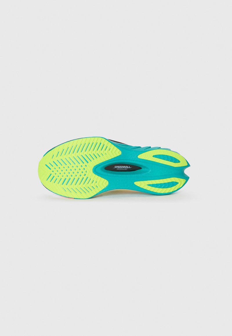 Semelle extérieure d'une chaussure de course en vert néon et bleu sarcelle, avec une texture antidérapante et un logo "Speedroll Technology" au centre.