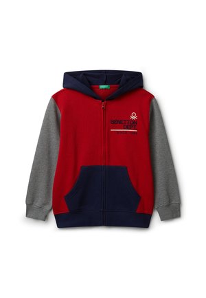 Rote und graue Zip-Hoodie mit einem navyblauen Akzent. Verfügt über eine Fronttasche, eine verstellbare Kapuze und ein gesticktes "BENETTON DEPT."-Logo.