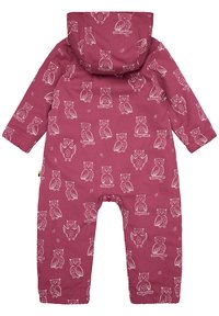 Salopette bordeaux per bambini con motivi di gufo, dotata di cappuccio, polsini elasticizzati e chiusure a scatto sulle gambe per una facile vestibilità e comfort.