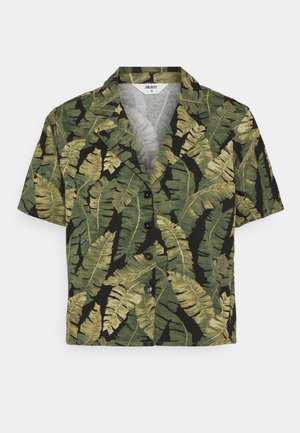 Short-sleeve button-up shirt with green and beige tropical leaf pattern on a black background, featuring a notched collar.