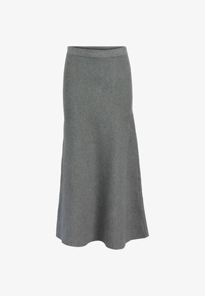 Jupe en laine grise au design évasé, avec une texture lisse et une taille haute. Pas de motifs ni d'embellissements visibles.