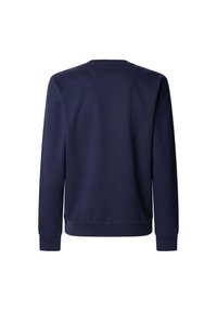 Marineblå sweatshirt med lange ærmer, rund halsudskæring og ribbede manchetter. Glat tekstur, ingen synlige mønstre eller metaldele.