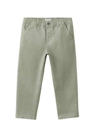 Pantalon décontracté vert clair avec taille élastique, passants de ceinture, fermeture par boutons et poches latérales, vu de face.