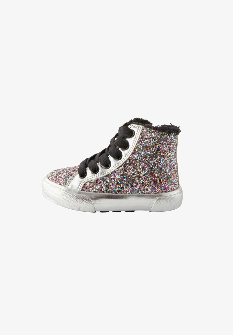 Glitter high-top sneaker with a sparkly multicolor upper, silver accents, black laces, and a plush black collar. Textured rubber sole.