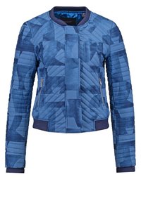 Blau Bomberjacke mit gestepptem Design, featuring geometrischen Mustern, Frontreißverschluss und gerippten Bündchen. Weiches Material mit glatter Fütterung.