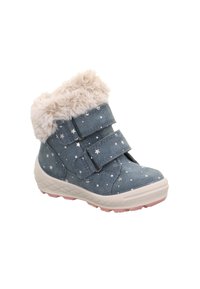 Blaue Wildlederstiefel mit Sternenmuster, Kunstfellfutter, zwei Klettverschlüssen und einer Gummisohle mit strukturiertem Grip.