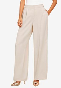 Beige wide-leg trousers featuring a pleated design and side pockets, made from a smooth fabric. Paired with gold open-toe heels.