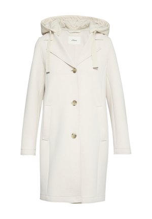 Lichtbeige jas met een trekkoordcapuchon, knoopsluiting en twee voorzakken. Kenmerkt zich door een rechte snit en een op maat gemaakte kraag.