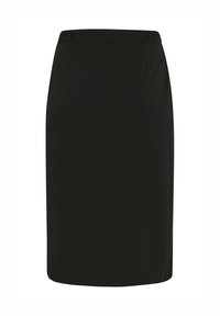 Jupe crayon noire en tissu lisse, dotée d'une silhouette droite, d'une coupe mi-longue et d'une taille subtile sans fermetures visibles.