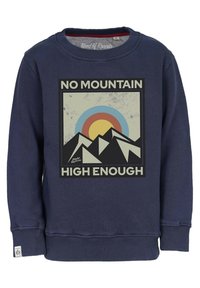 Navyblå sweatshirt med rundad krage och ribbade ärmslut, prydd med en grafik av berg och en sol med texten "INGEN BERG ÄR FÖR HÖGT."