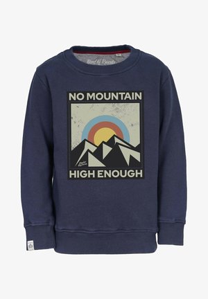 Mørkeblå sweatshirt med rund hals og ribbede manchetter, prydet med et grafisk motiv af bjerge og en sol, samt teksten "INGEN BJERG ER HØJT NOK."