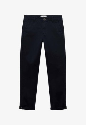 Zwarte katoenen chinos met een knoopsluiting, zijzakken en opgerolde manchetten. Heeft een gladde textuur en een getailleerde pasvorm.