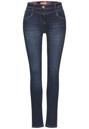 Skinny jeans in donkerblauwe denim met vijf zakken, sluiting met een knoop aan de voorkant en subtiel contrasterende stikseldetails. Glad van structuur.
