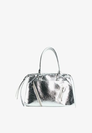 Metallic silver handbag with a structured shape, two top handles, and zippered pockets on the front. Smooth, shiny texture.