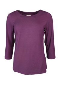 Lila Langarmshirt aus geripptem Stoff mit weitem Ausschnitt und schlanker Passform. Verfügt über Dreiviertelärmel und einen abgerundeten Saum.