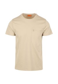 Beige katoenen t-shirt met een ronde hals, korte mouwen en een borstzak met een ritsdetail. Gladde textuur, minimalistisch design.